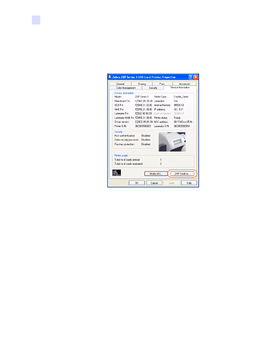 Zxp series toolbox access | Zebra Technologies P1013372-001 REV. A User Manual | Page 88 / 216