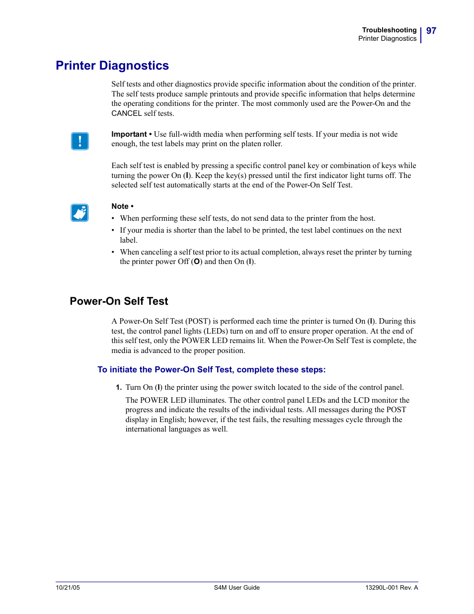 Printer diagnostics, Power-on self test, Self-tests given in | Use the | Zebra S4M User Manual | Page 103 / 132