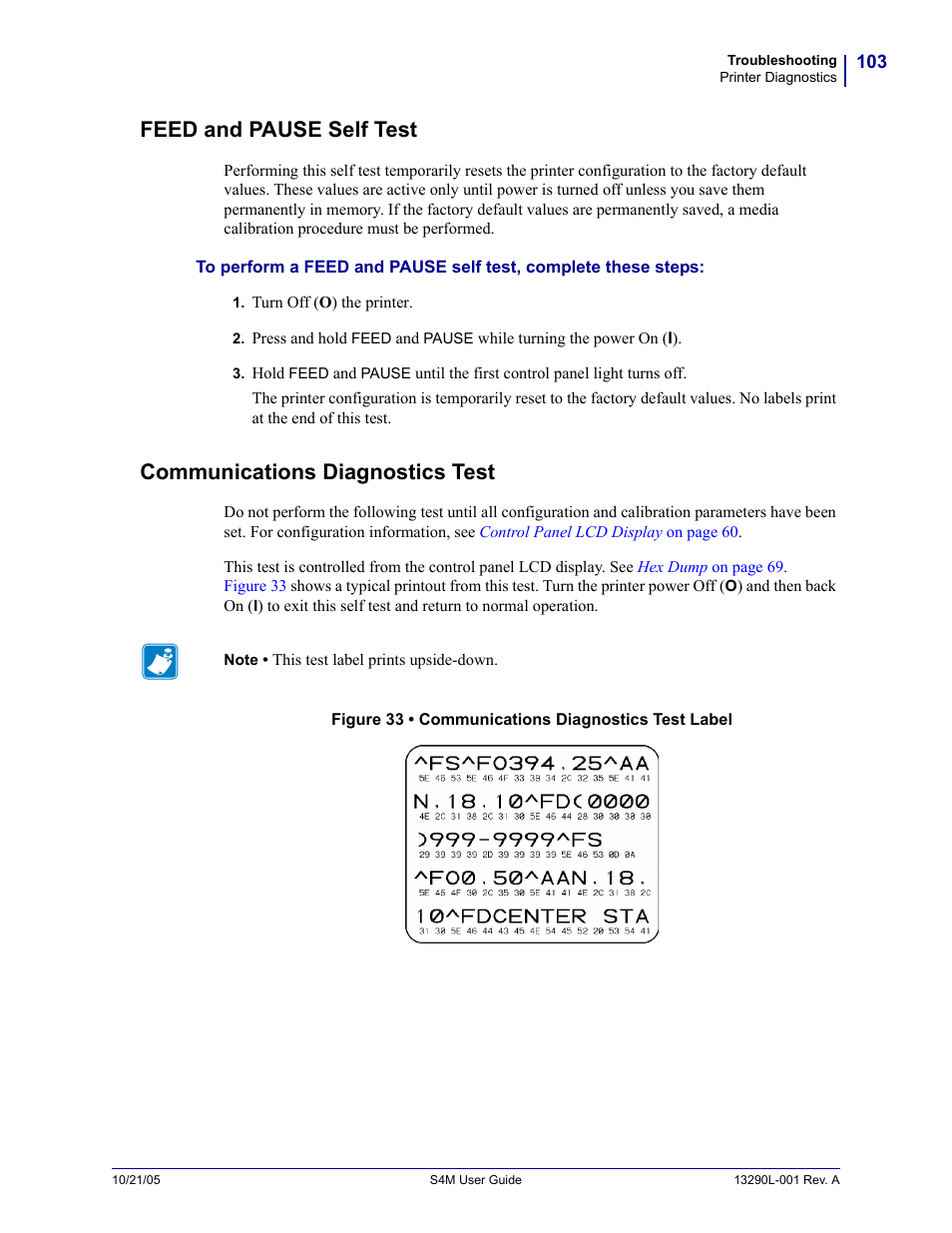 Feed and pause self test, Communications diagnostics test | Zebra S4M User Manual | Page 109 / 132