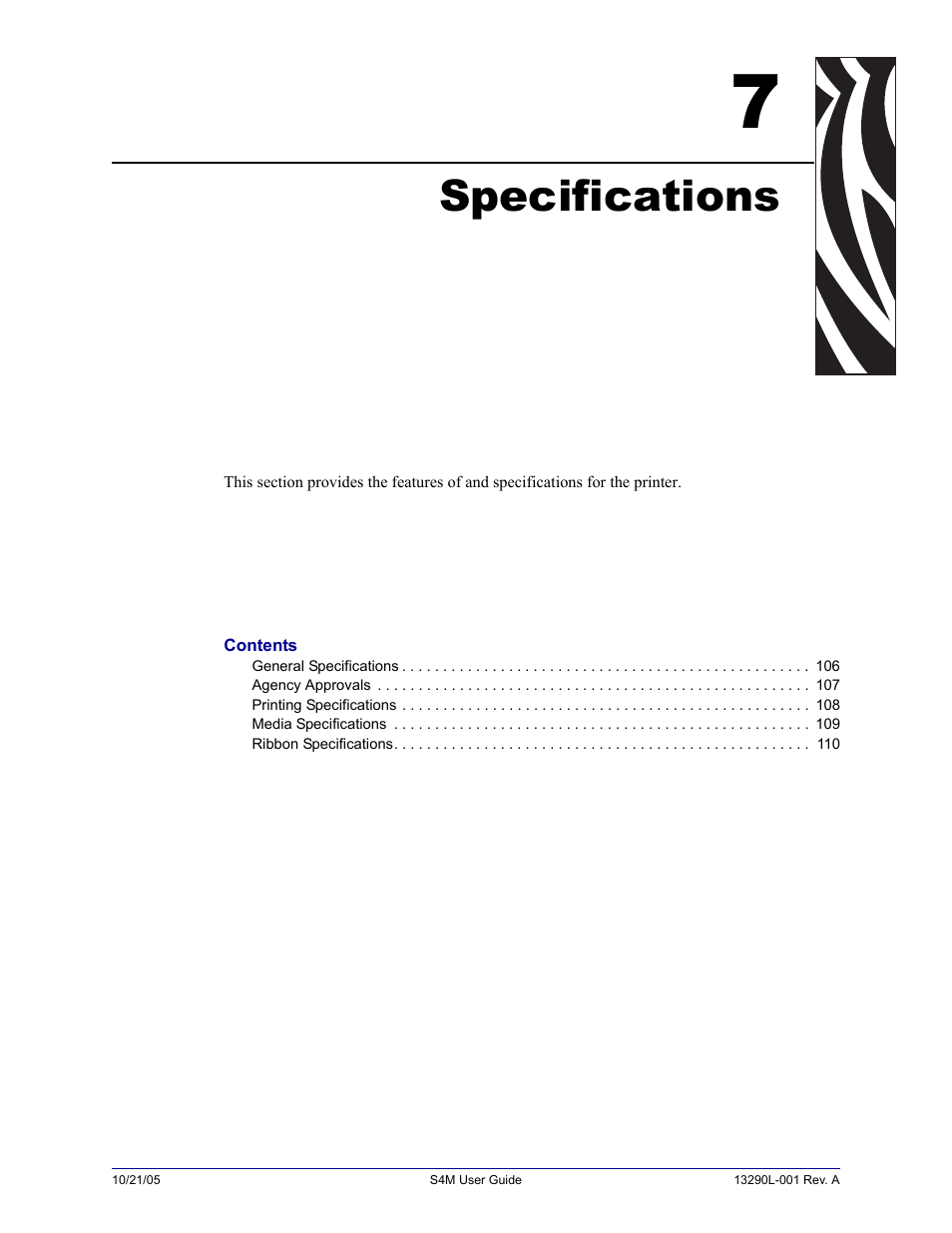 Specifications, 7 • specifications | Zebra S4M User Manual | Page 111 / 132