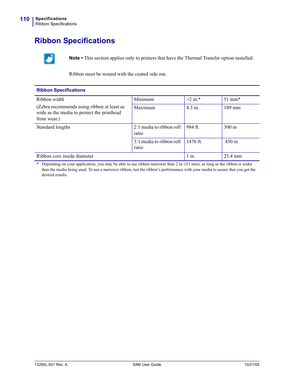 Ribbon specifications | Zebra S4M User Manual | Page 116 / 132