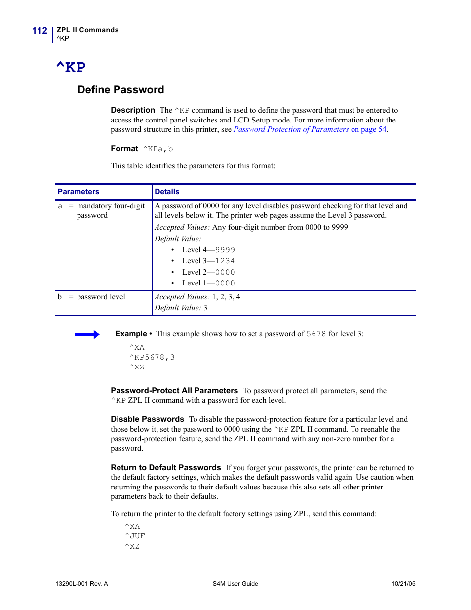 Kp, define password, Define password | Zebra S4M User Manual | Page 118 / 132