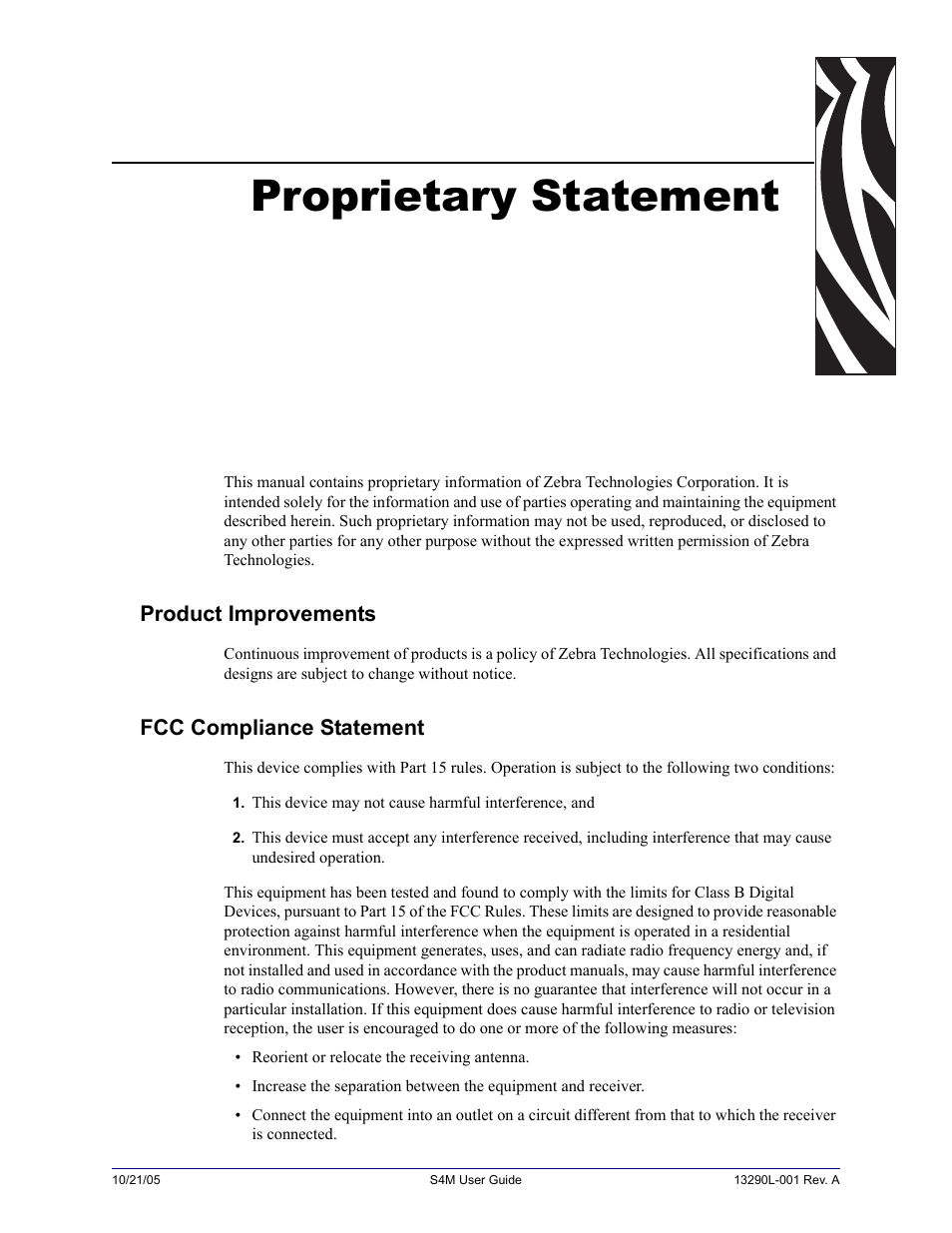Proprietary statement, Product improvements, Fcc compliance statement | Zebra S4M User Manual | Page 119 / 132