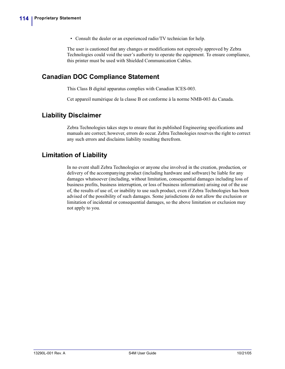 Canadian doc compliance statement, Liability disclaimer, Limitation of liability | Zebra S4M User Manual | Page 120 / 132