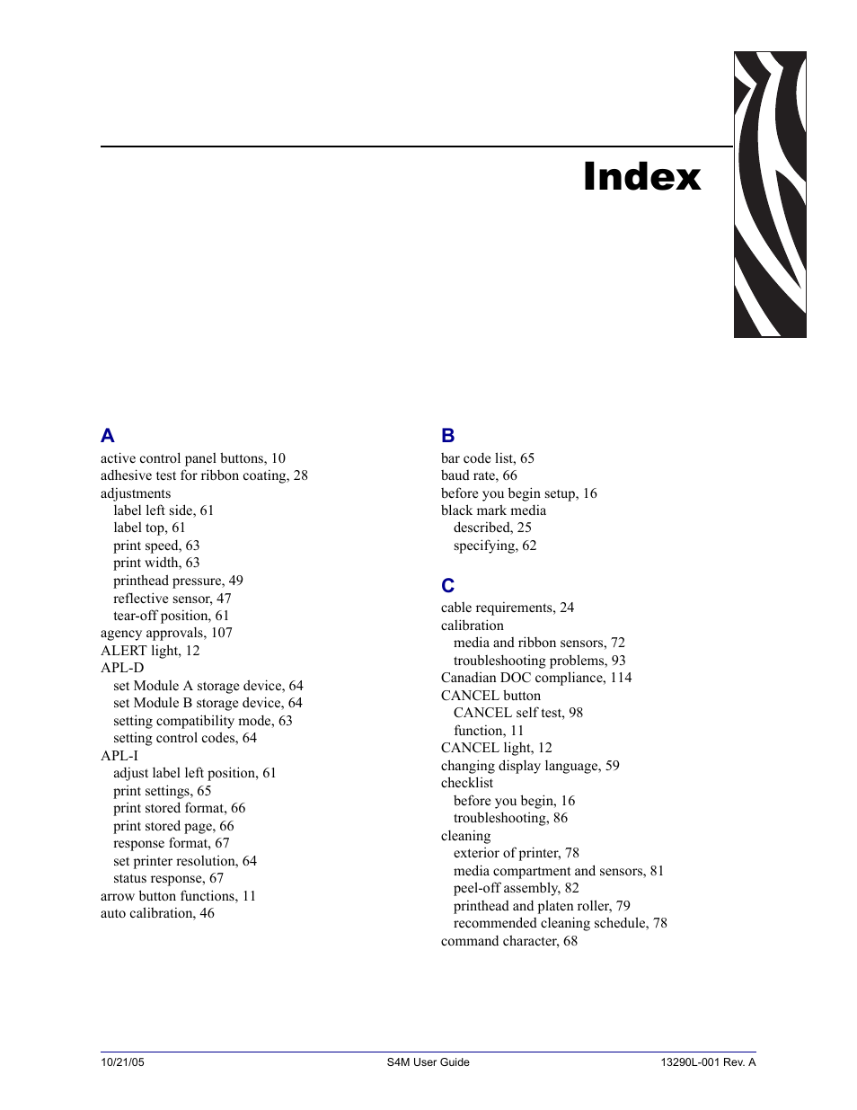 Index | Zebra S4M User Manual | Page 125 / 132