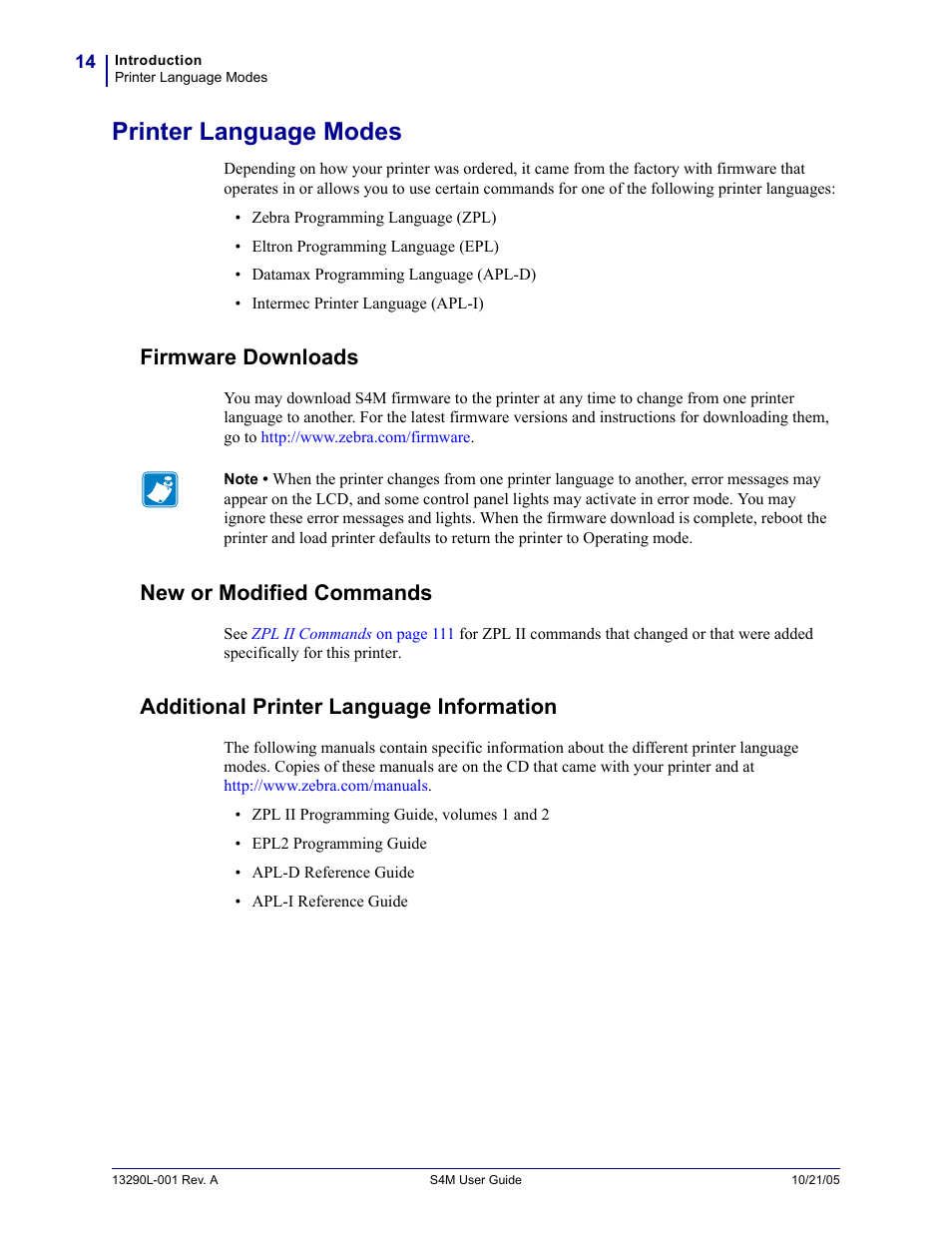 Printer language modes, Firmware downloads, New or modified commands | Additional printer language information | Zebra S4M User Manual | Page 20 / 132