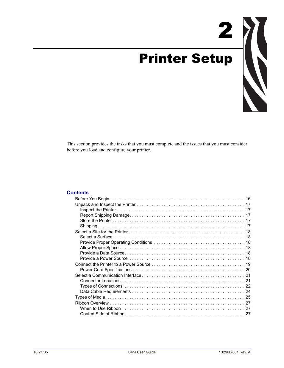 Printer setup, 2 • printer setup | Zebra S4M User Manual | Page 21 / 132