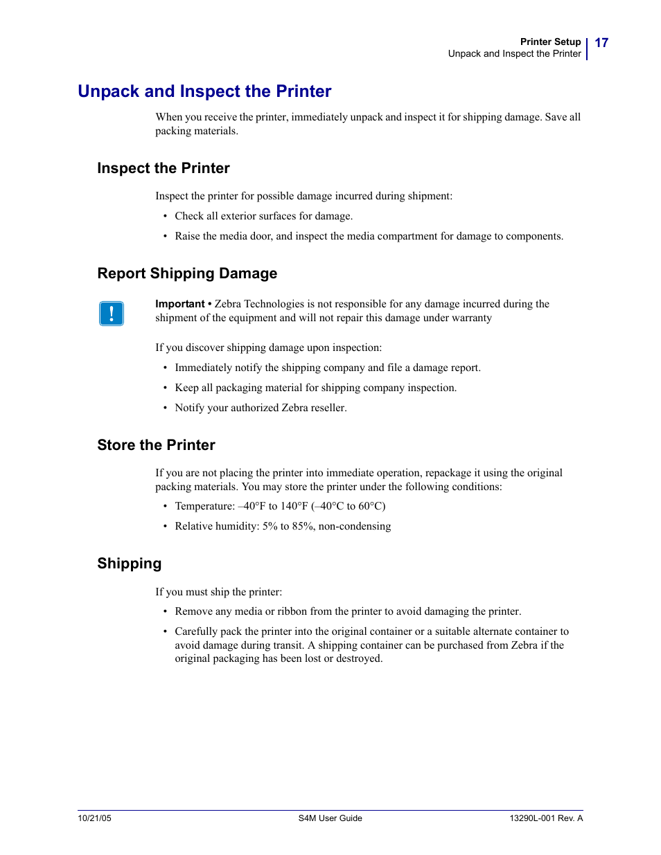 Unpack and inspect the printer, Inspect the printer, Report shipping damage | Store the printer, Shipping | Zebra S4M User Manual | Page 23 / 132