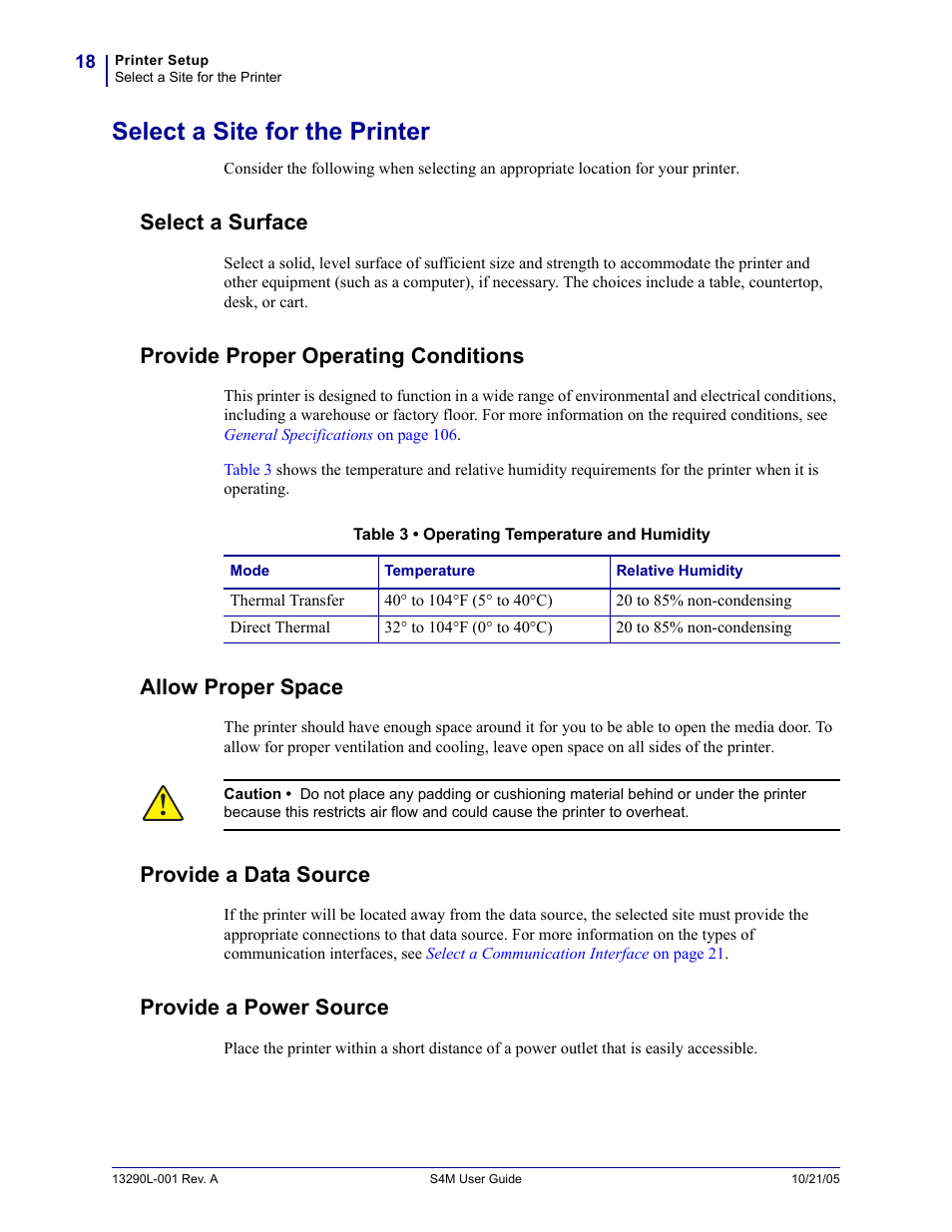 Select a site for the printer, Select a surface, Provide proper operating conditions | Allow proper space, Provide a data source, Provide a power source | Zebra S4M User Manual | Page 24 / 132