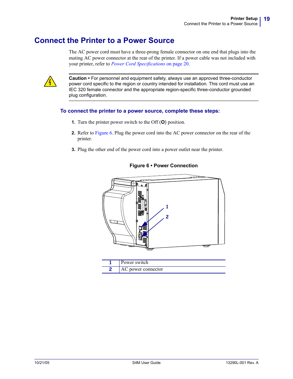 Connect the printer to a power source | Zebra S4M User Manual | Page 25 / 132