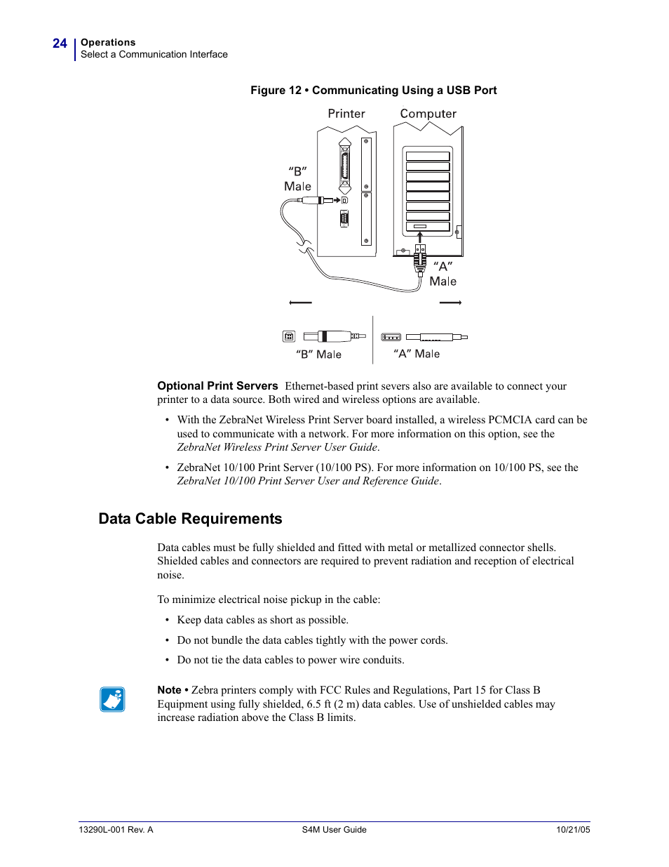 Data cable requirements, Data cable, For speci | Zebra S4M User Manual | Page 30 / 132