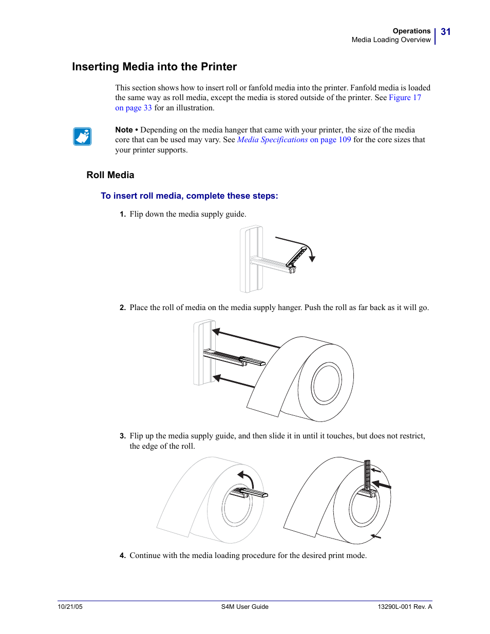 Inserting media into the printer | Zebra S4M User Manual | Page 37 / 132