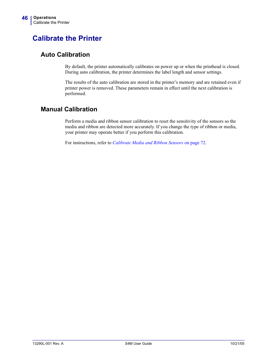 Calibrate the printer, Auto calibration, Manual calibration | Auto calibration manual calibration | Zebra S4M User Manual | Page 52 / 132