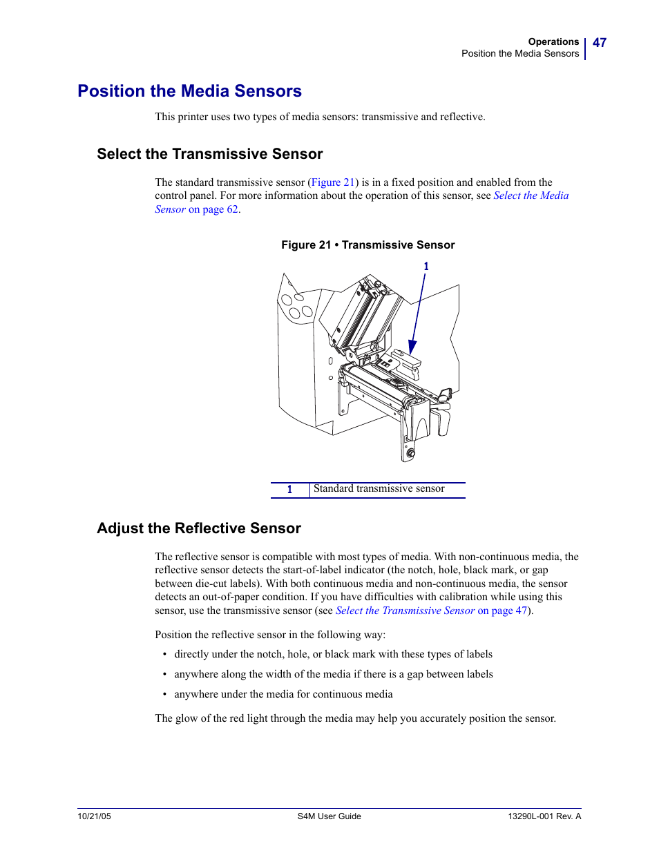 Position the media sensors, Select the transmissive sensor, Adjust the reflective sensor | Zebra S4M User Manual | Page 53 / 132