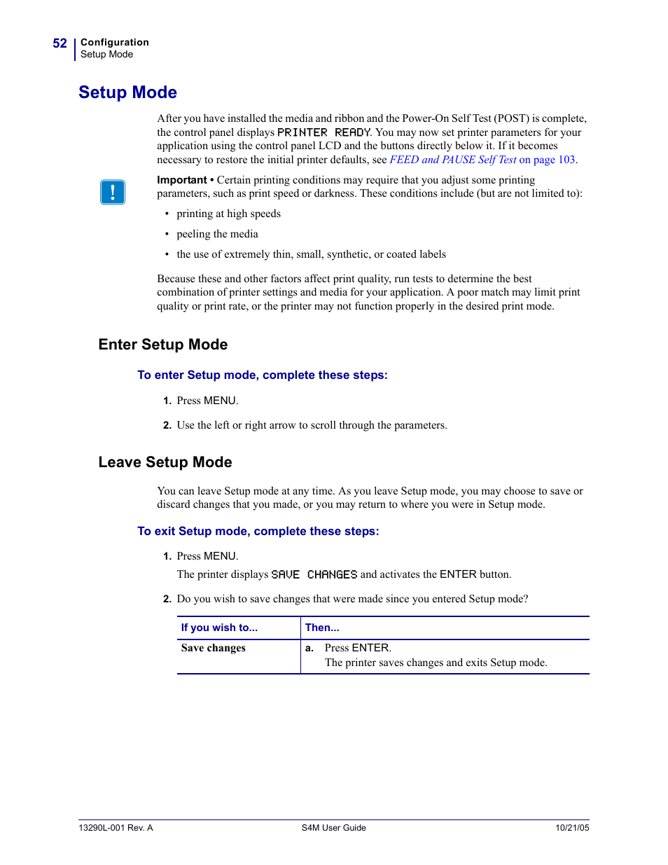 Setup mode, Enter setup mode, Leave setup mode | Enter setup mode leave setup mode | Zebra S4M User Manual | Page 58 / 132