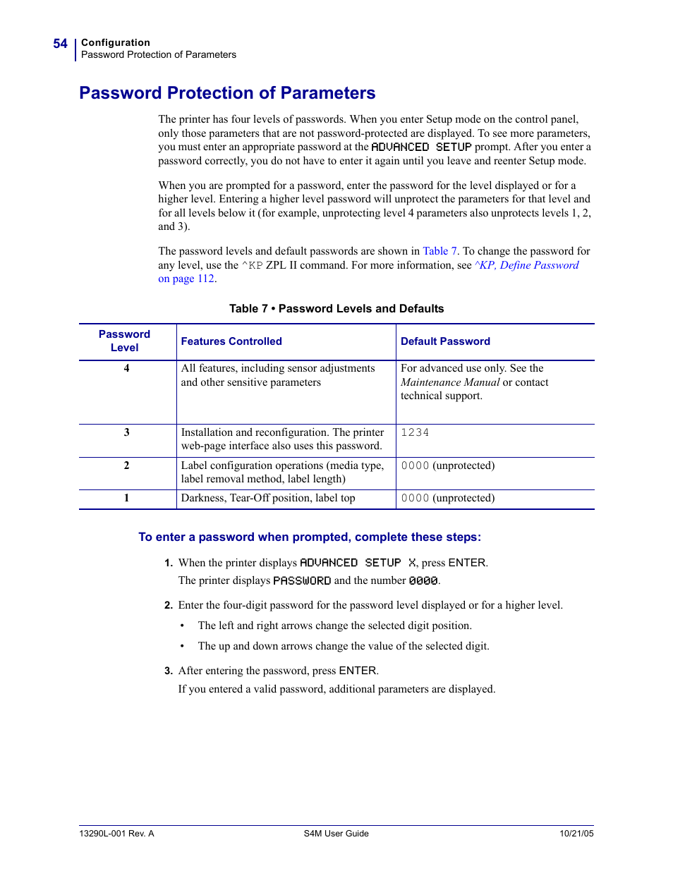 Password protection of parameters | Zebra S4M User Manual | Page 60 / 132