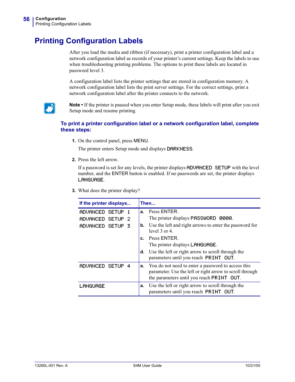 Printing configuration labels | Zebra S4M User Manual | Page 62 / 132