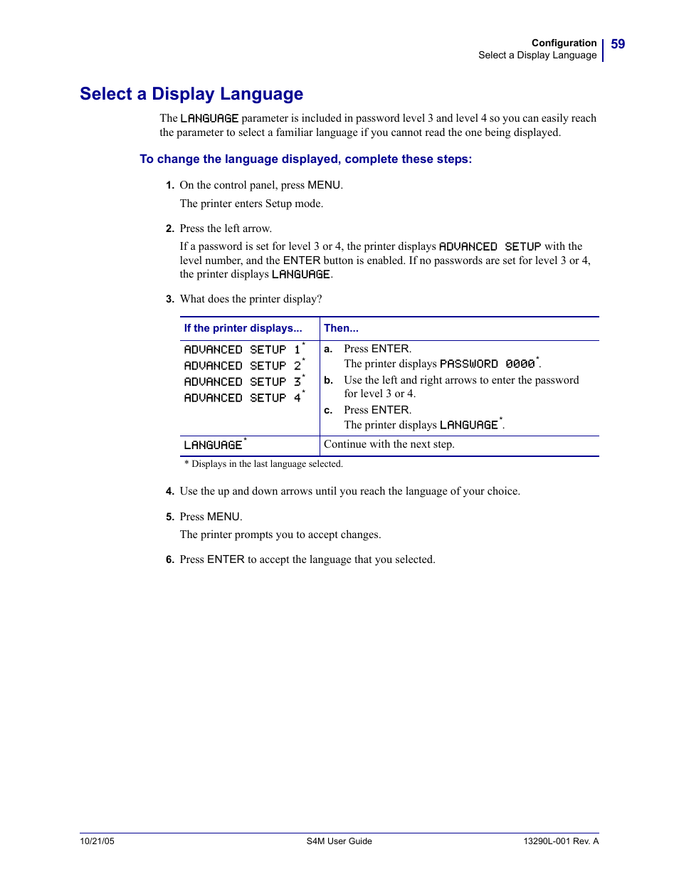 Select a display language | Zebra S4M User Manual | Page 65 / 132