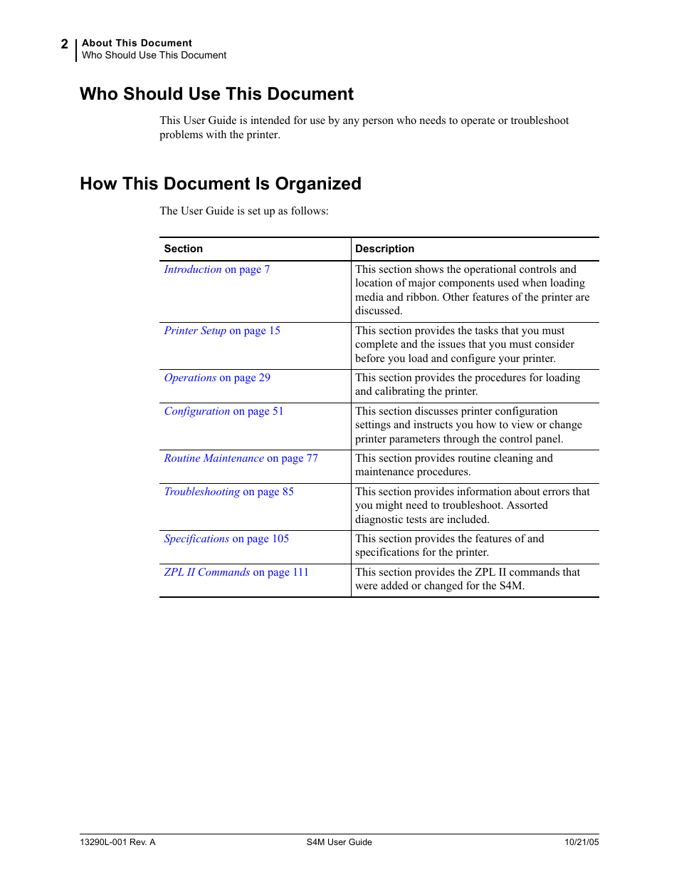 Who should use this document, How this document is organized | Zebra S4M User Manual | Page 8 / 132