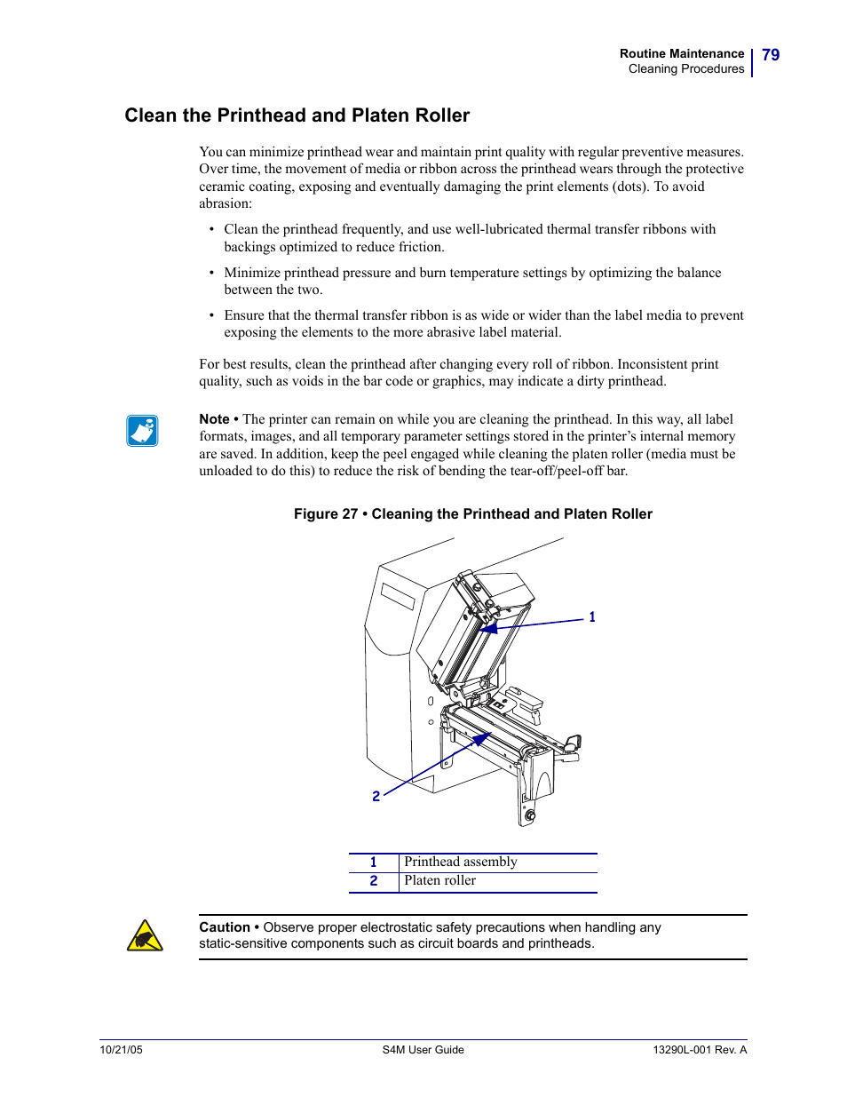 Clean the printhead and platen roller | Zebra S4M User Manual | Page 85 / 132