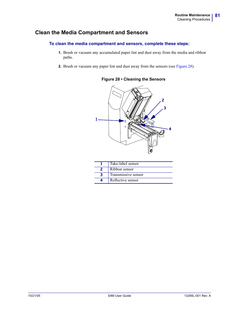 Clean the media compartment and sensors | Zebra S4M User Manual | Page 87 / 132