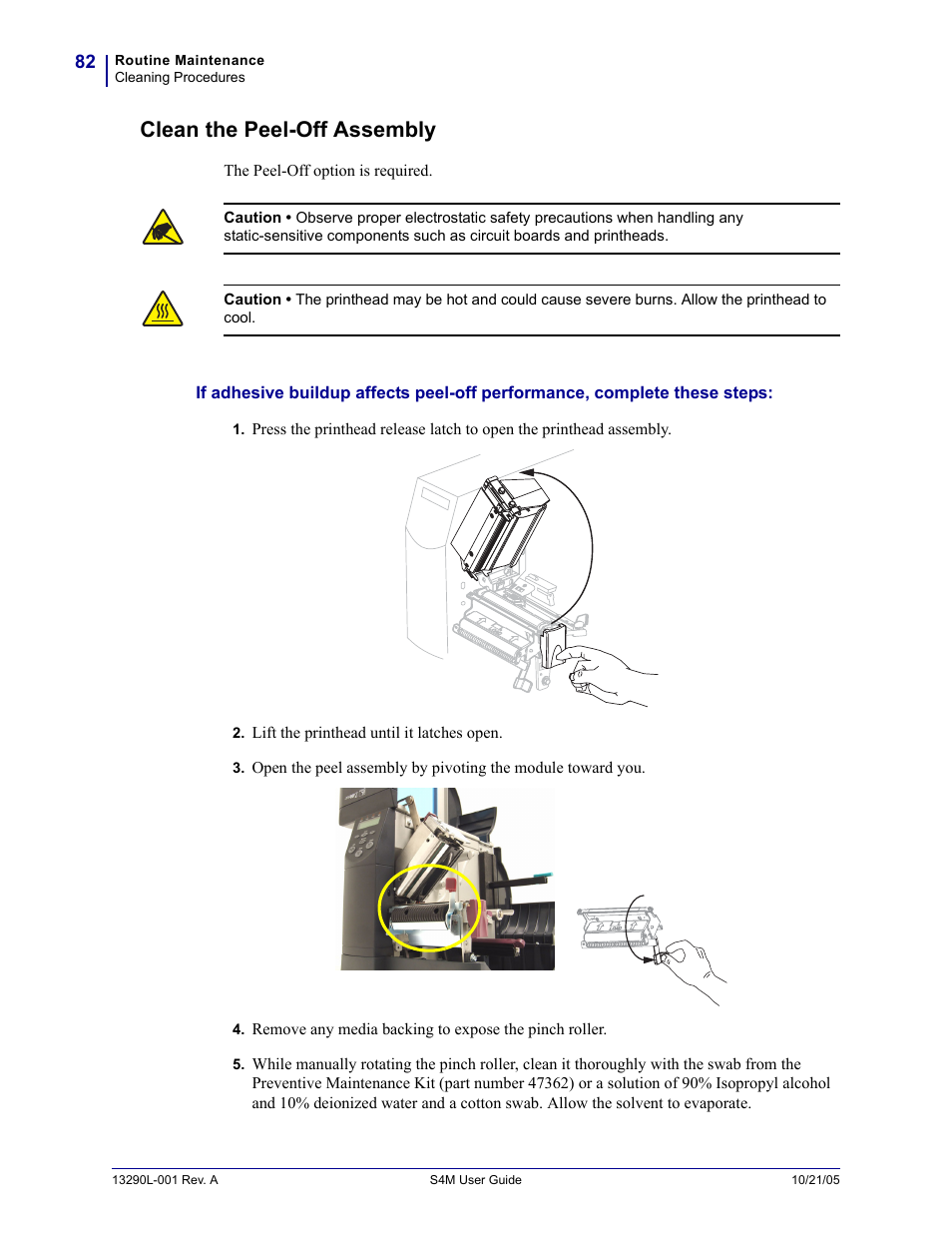 Clean the peel-off assembly | Zebra S4M User Manual | Page 88 / 132