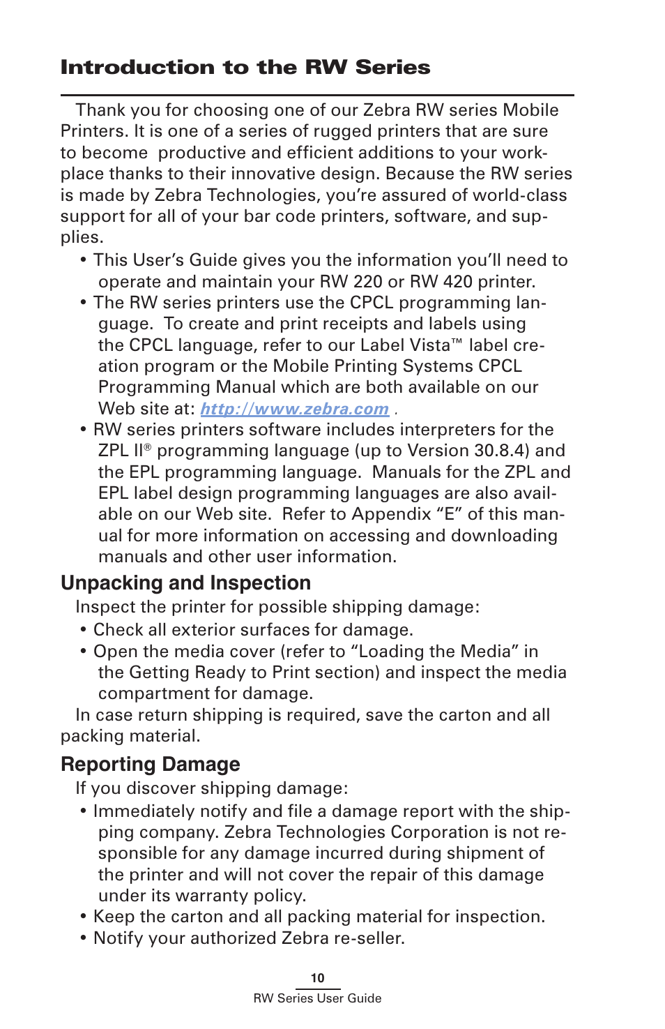 Introduction to the rw series, Unpacking and inspection reporting damage, Unpacking and inspection | Reporting damage | Zebra Technologies RW SERIES User Manual | Page 10 / 84