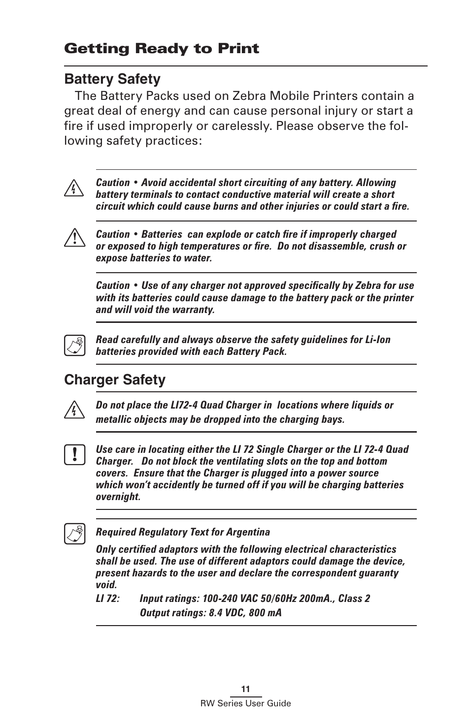 Getting ready to print, Battery safety charger safety, Getting ready to print battery safety | Charger safety | Zebra Technologies RW SERIES User Manual | Page 11 / 84