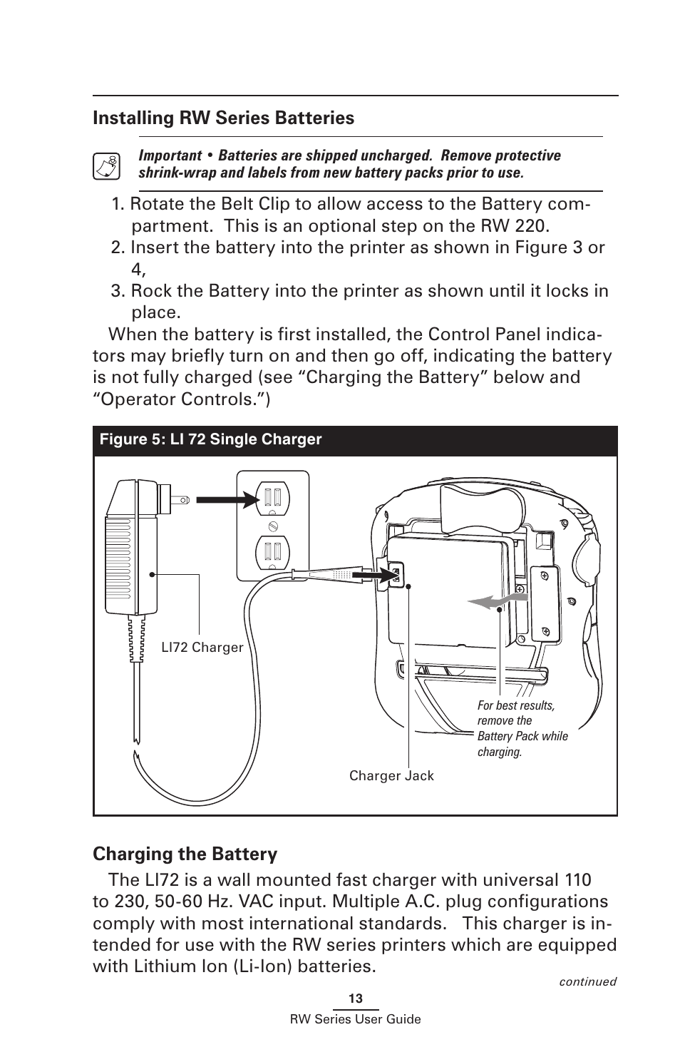 Installing rw series batteries, Charging the battery | Zebra Technologies RW SERIES User Manual | Page 13 / 84