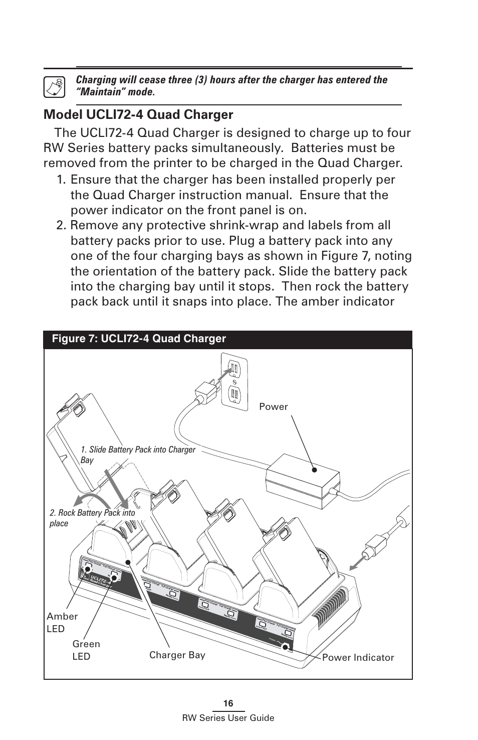 Model ucli72-4 quad charger, Amber led green led, Power indicator power charger bay | 16 rw series user guide | Zebra Technologies RW SERIES User Manual | Page 16 / 84