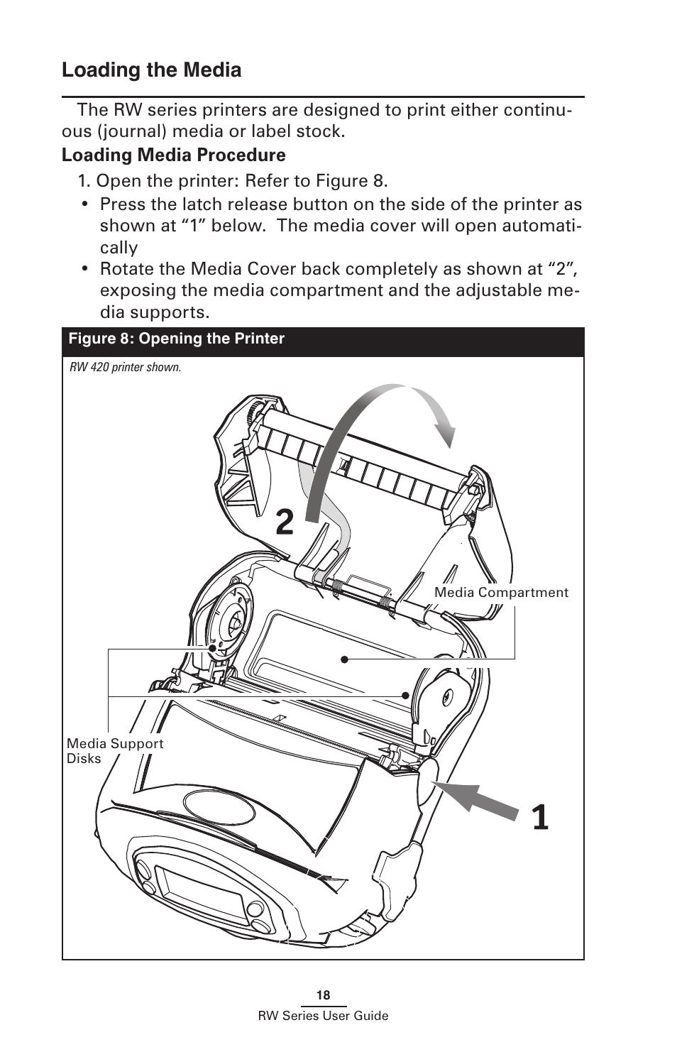 Loading the media, Loading media procedure | Zebra Technologies RW SERIES User Manual | Page 18 / 84