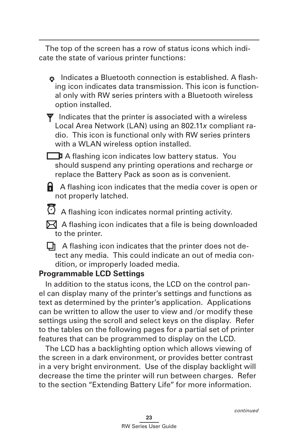 Programmable lcd settings | Zebra Technologies RW SERIES User Manual | Page 23 / 84