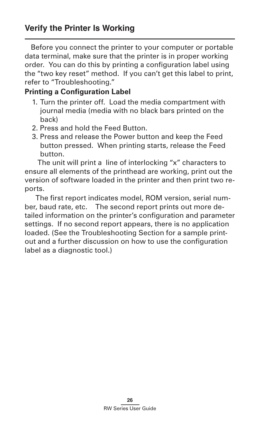 Verify the printer is working, Printing a conﬁguration label | Zebra Technologies RW SERIES User Manual | Page 26 / 84