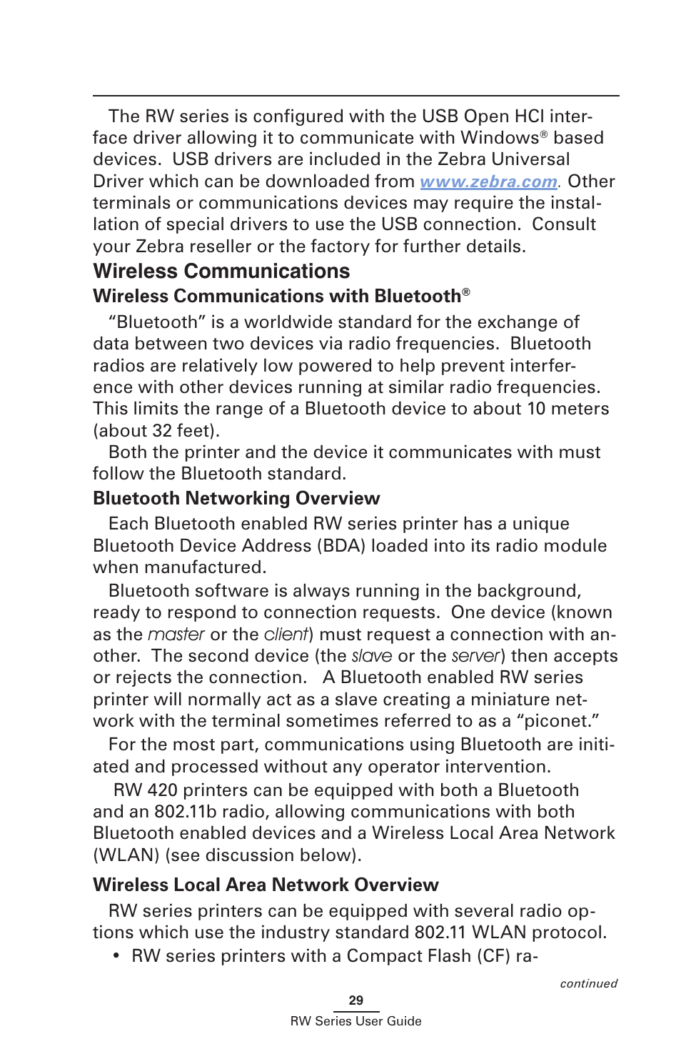 Wireless communications, Wireless communications with bluetooth | Zebra Technologies RW SERIES User Manual | Page 29 / 84