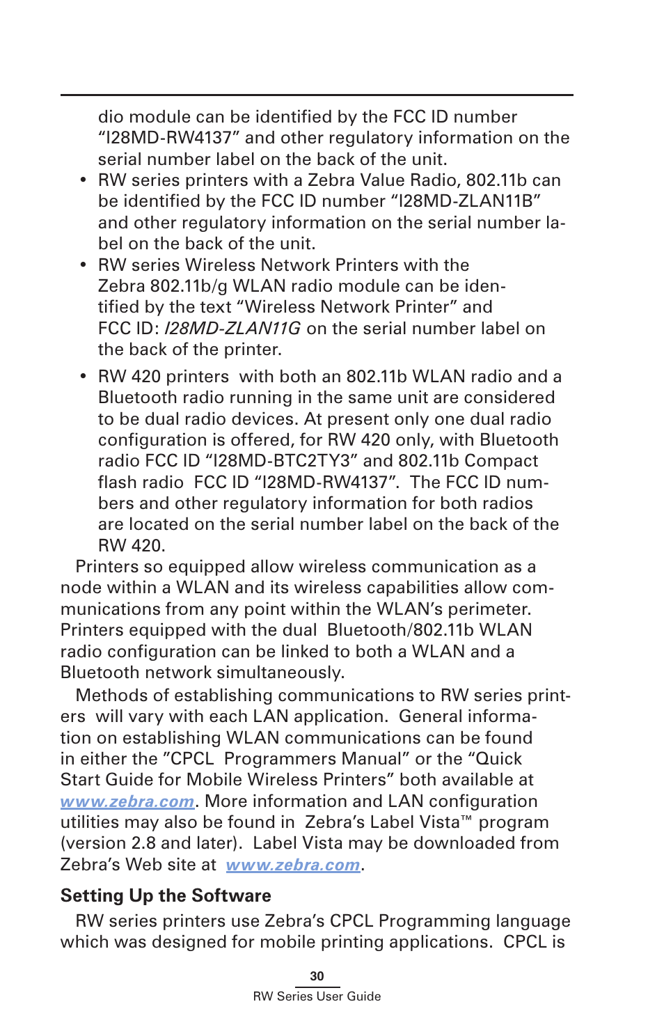 Setting up the software | Zebra Technologies RW SERIES User Manual | Page 30 / 84