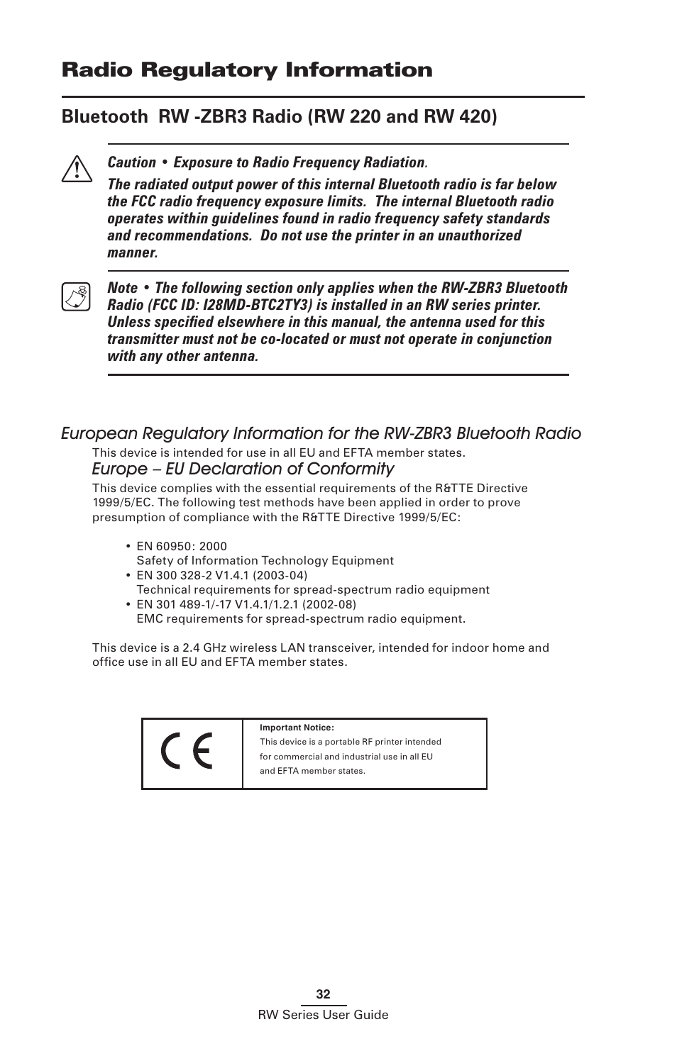 Radio regulatory information, Bluetooth rw -zbr3 radio (rw 220 and rw 420), Europe – eu declaration of conformity | Zebra Technologies RW SERIES User Manual | Page 32 / 84