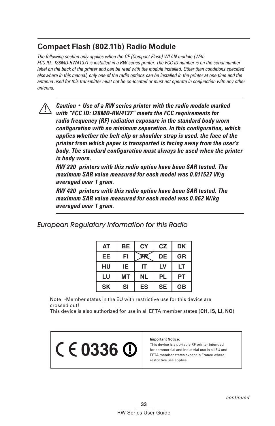 Compact flash (802.11b) radio module | Zebra Technologies RW SERIES User Manual | Page 33 / 84