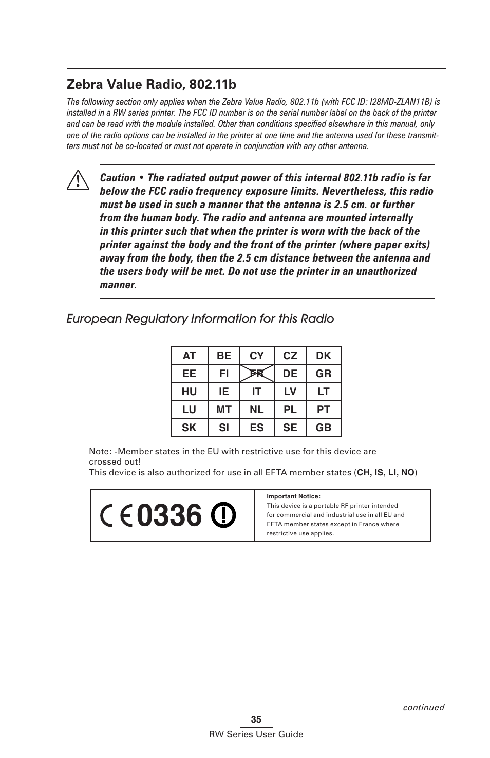 Zebra value radio, 802.11b | Zebra Technologies RW SERIES User Manual | Page 35 / 84