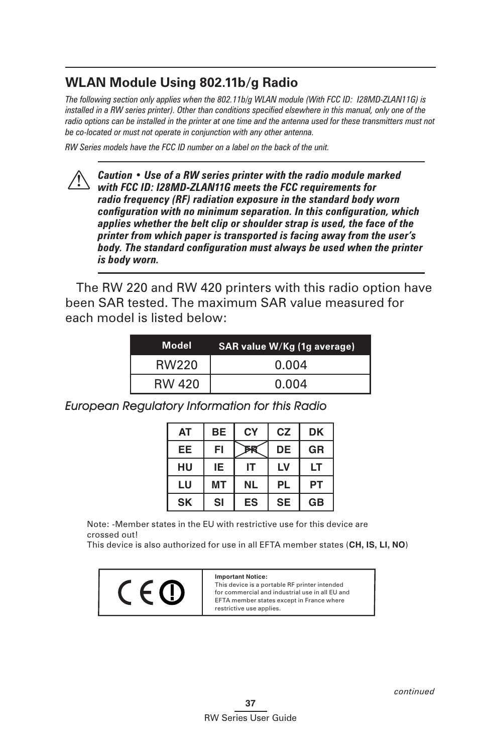 Wlan module using 802.11b/g radio, European regulatory information for this radio | Zebra Technologies RW SERIES User Manual | Page 37 / 84