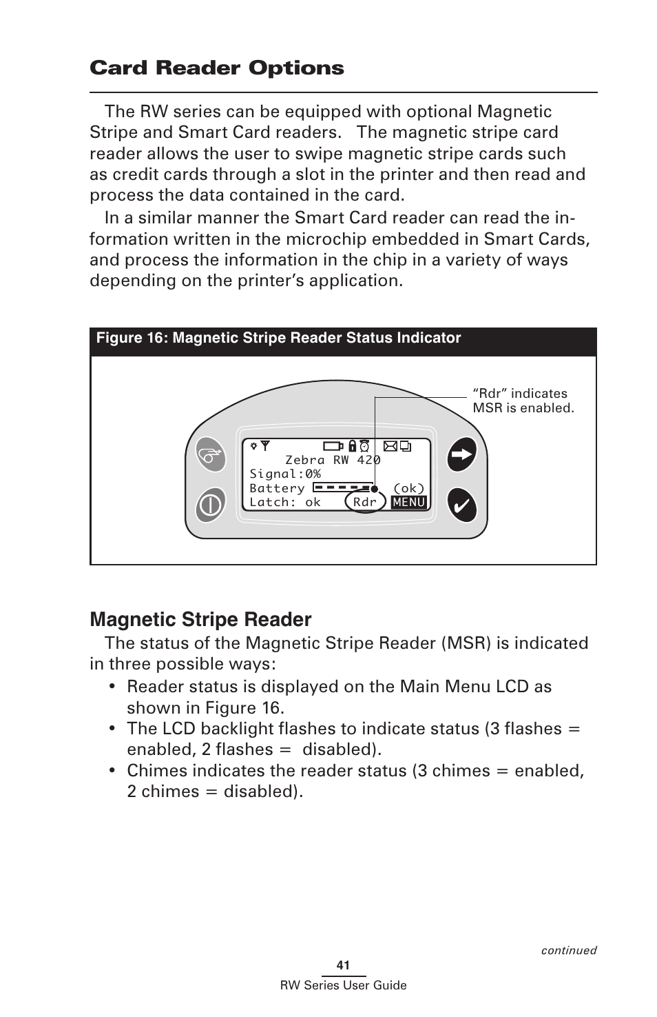 Card reader options, Magnetic stripe reader | Zebra Technologies RW SERIES User Manual | Page 41 / 84