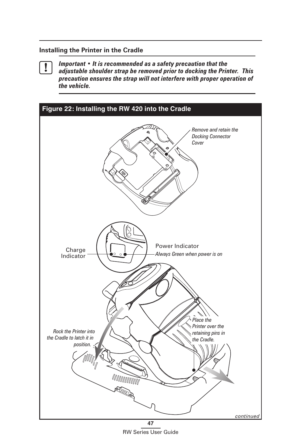 Installing the printer in the cradle | Zebra Technologies RW SERIES User Manual | Page 47 / 84