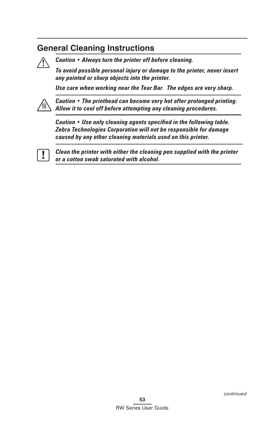 General cleaning instructions | Zebra Technologies RW SERIES User Manual | Page 53 / 84
