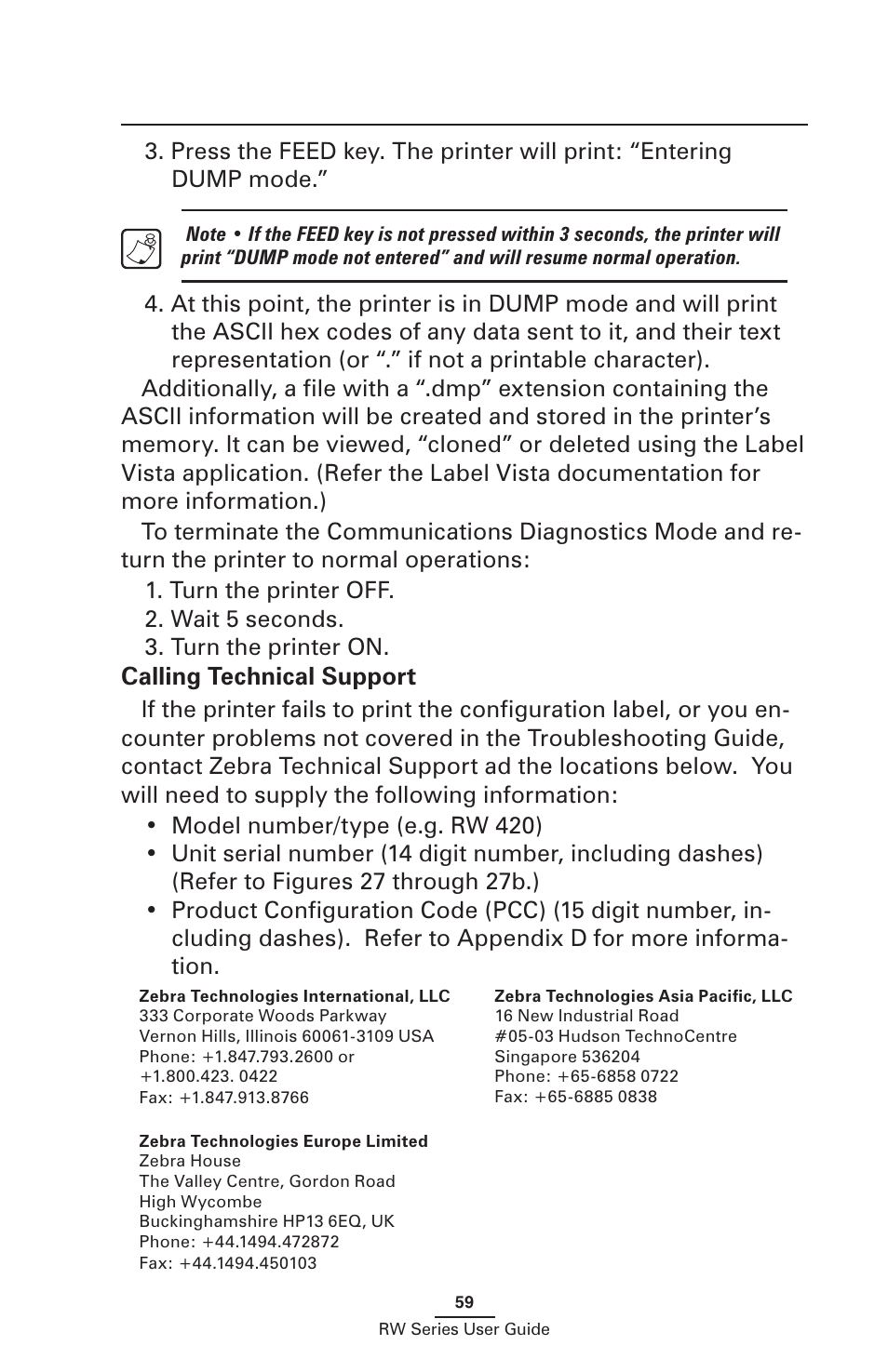 Calling technical support | Zebra Technologies RW SERIES User Manual | Page 59 / 84