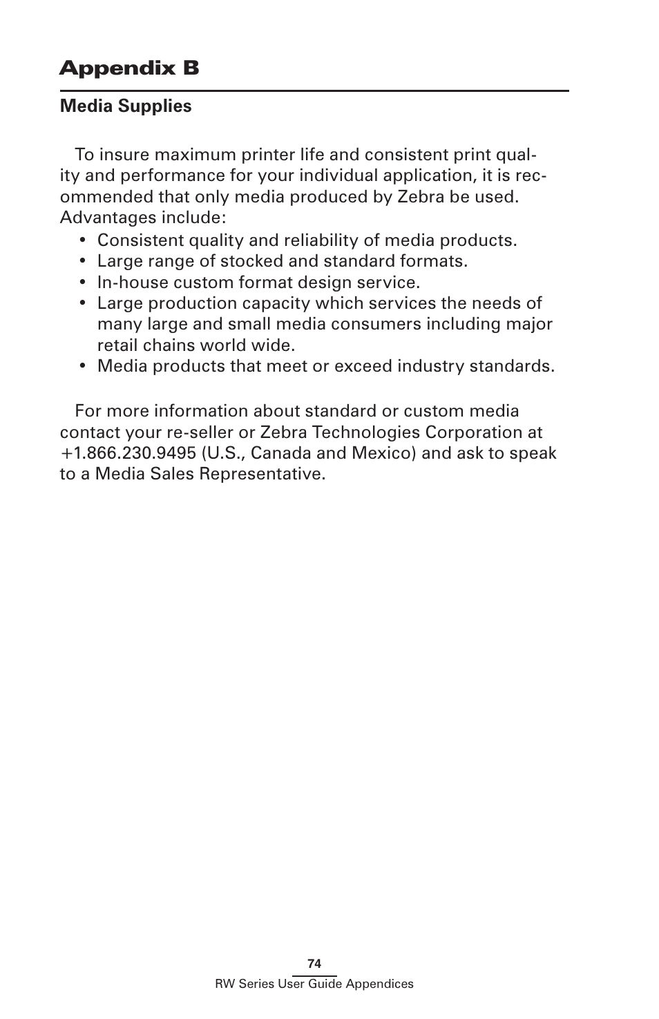 Appendix b, Media supplies | Zebra Technologies RW SERIES User Manual | Page 74 / 84