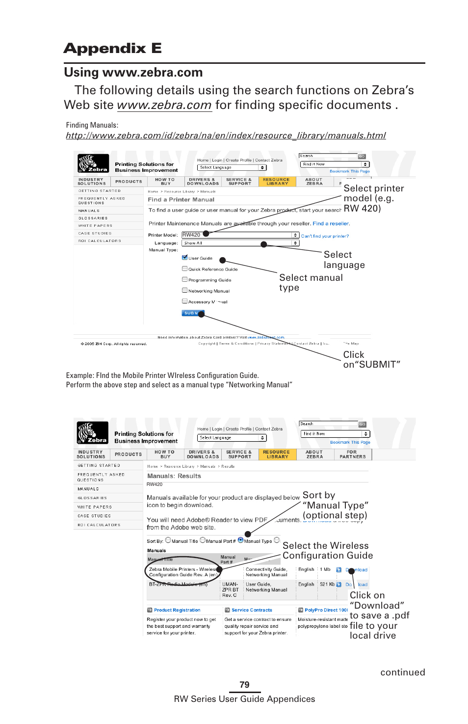Appendix e, Using www.zebra.com | Zebra Technologies RW SERIES User Manual | Page 79 / 84