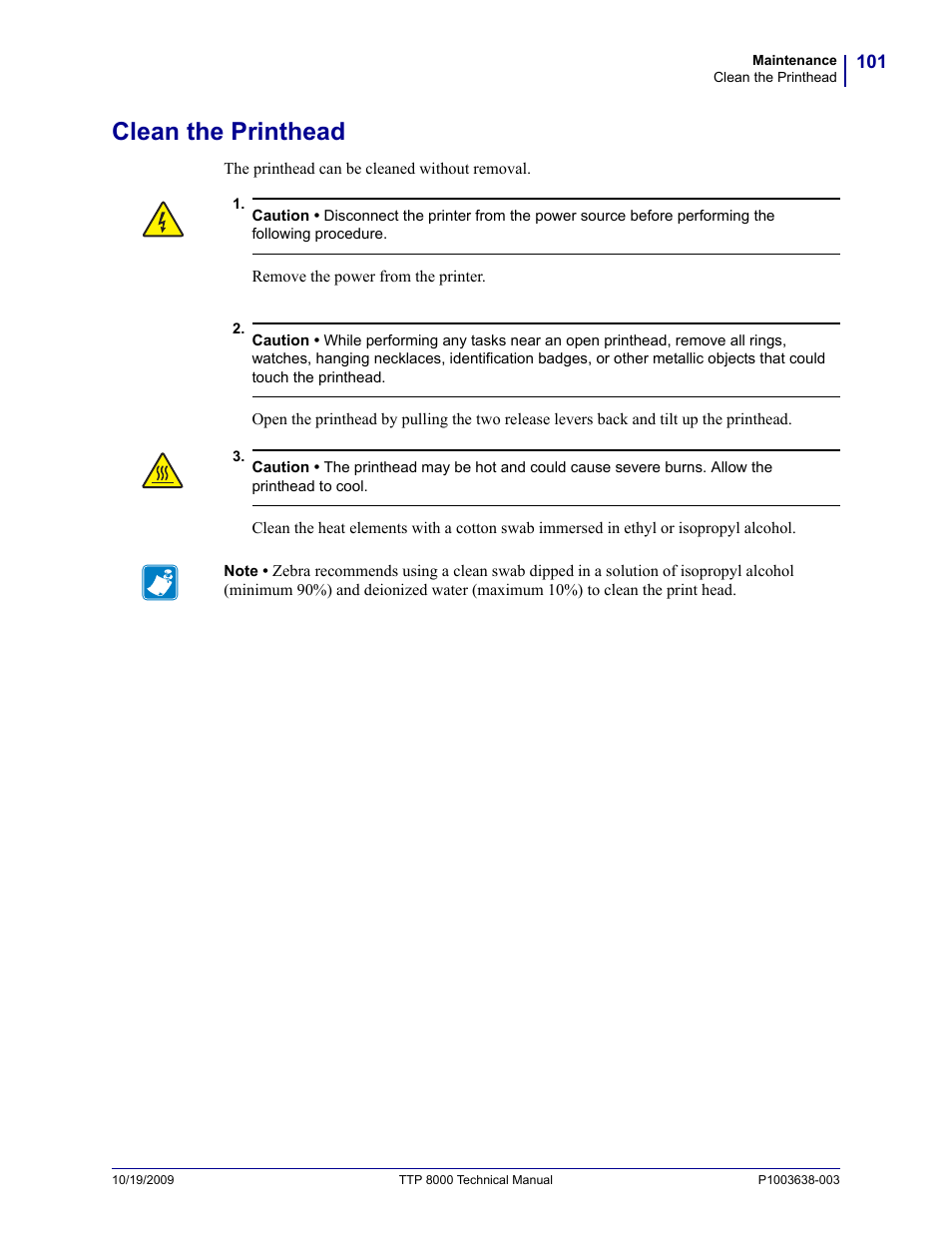 Clean the printhead | Zebra Technologies TTP 8000 User Manual | Page 101 / 132