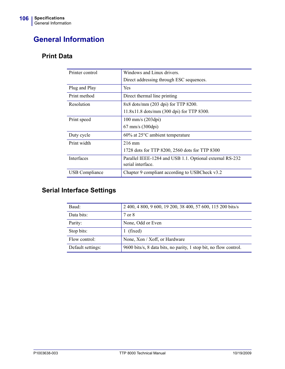 General information, Print data, Serial interface settings | Print data serial interface settings | Zebra Technologies TTP 8000 User Manual | Page 106 / 132