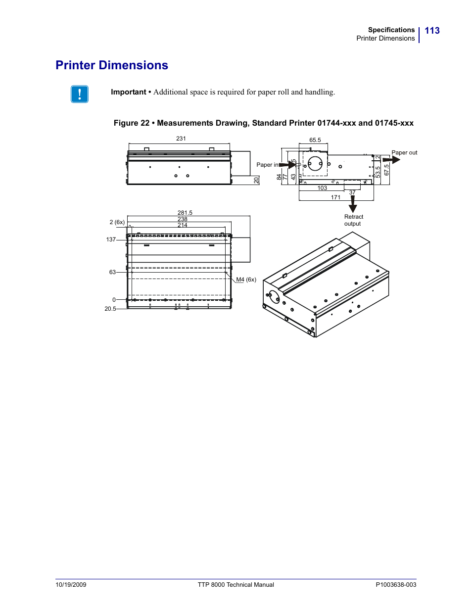 Printer dimensions | Zebra Technologies TTP 8000 User Manual | Page 113 / 132