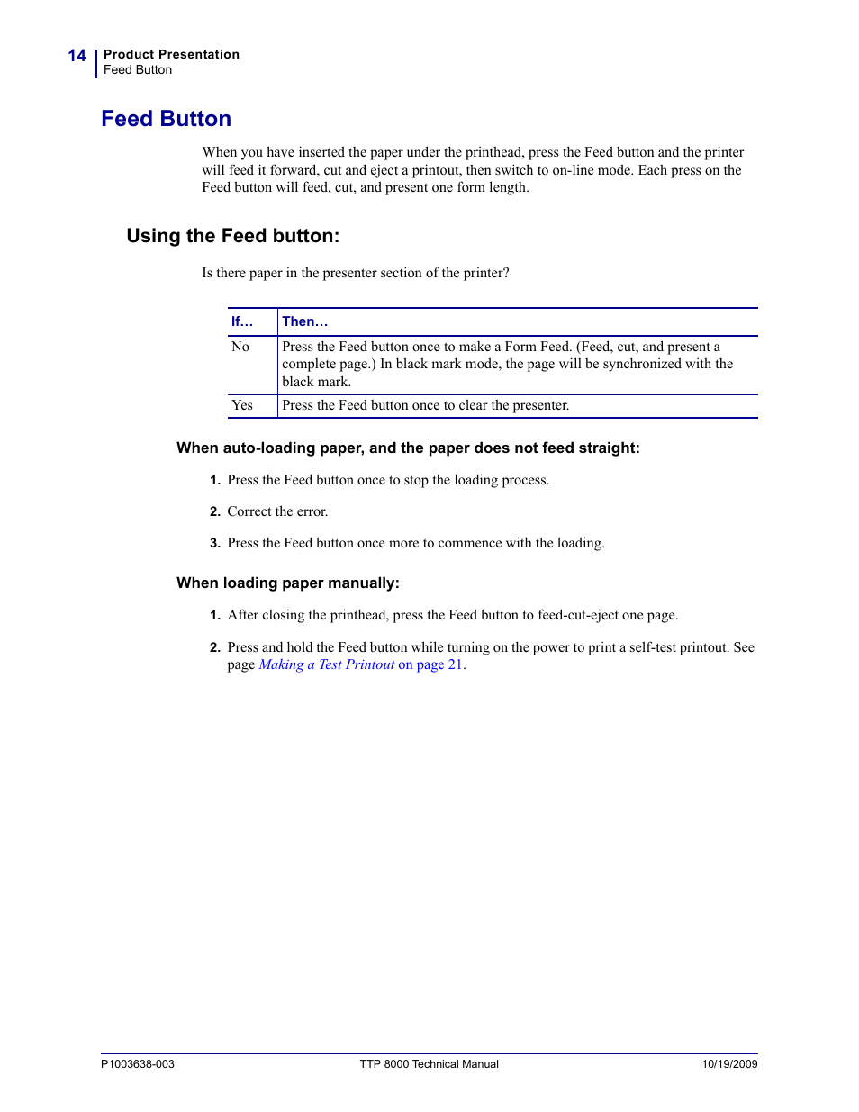 Feed button, Using the feed button | Zebra Technologies TTP 8000 User Manual | Page 14 / 132