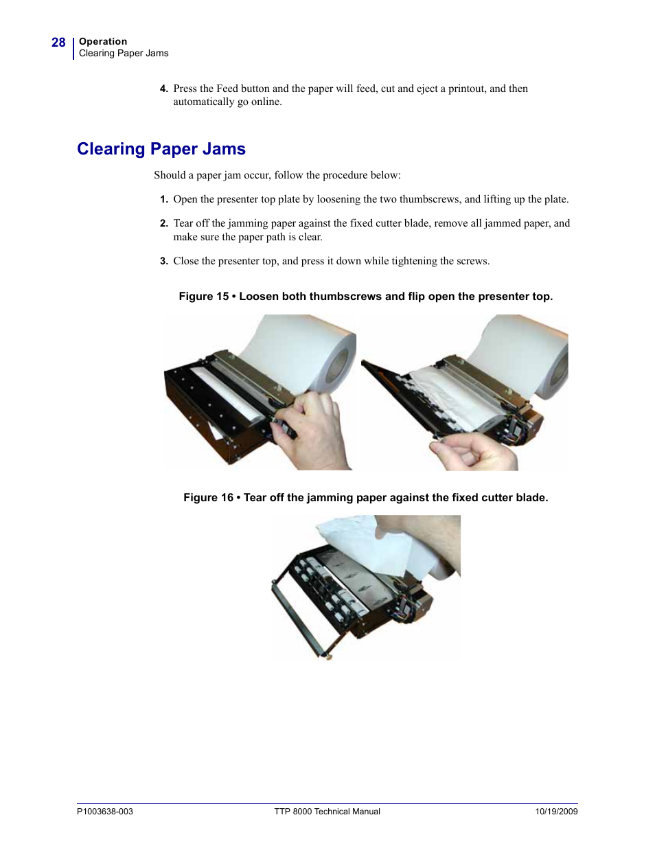 Clearing paper jams | Zebra Technologies TTP 8000 User Manual | Page 28 / 132